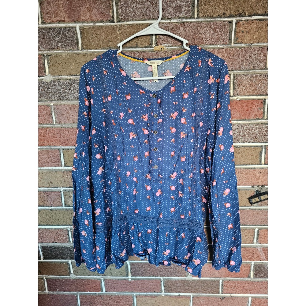 Matilda Jane Womens Large Blue Floral Polka Dot Lace Peplum Blouse top